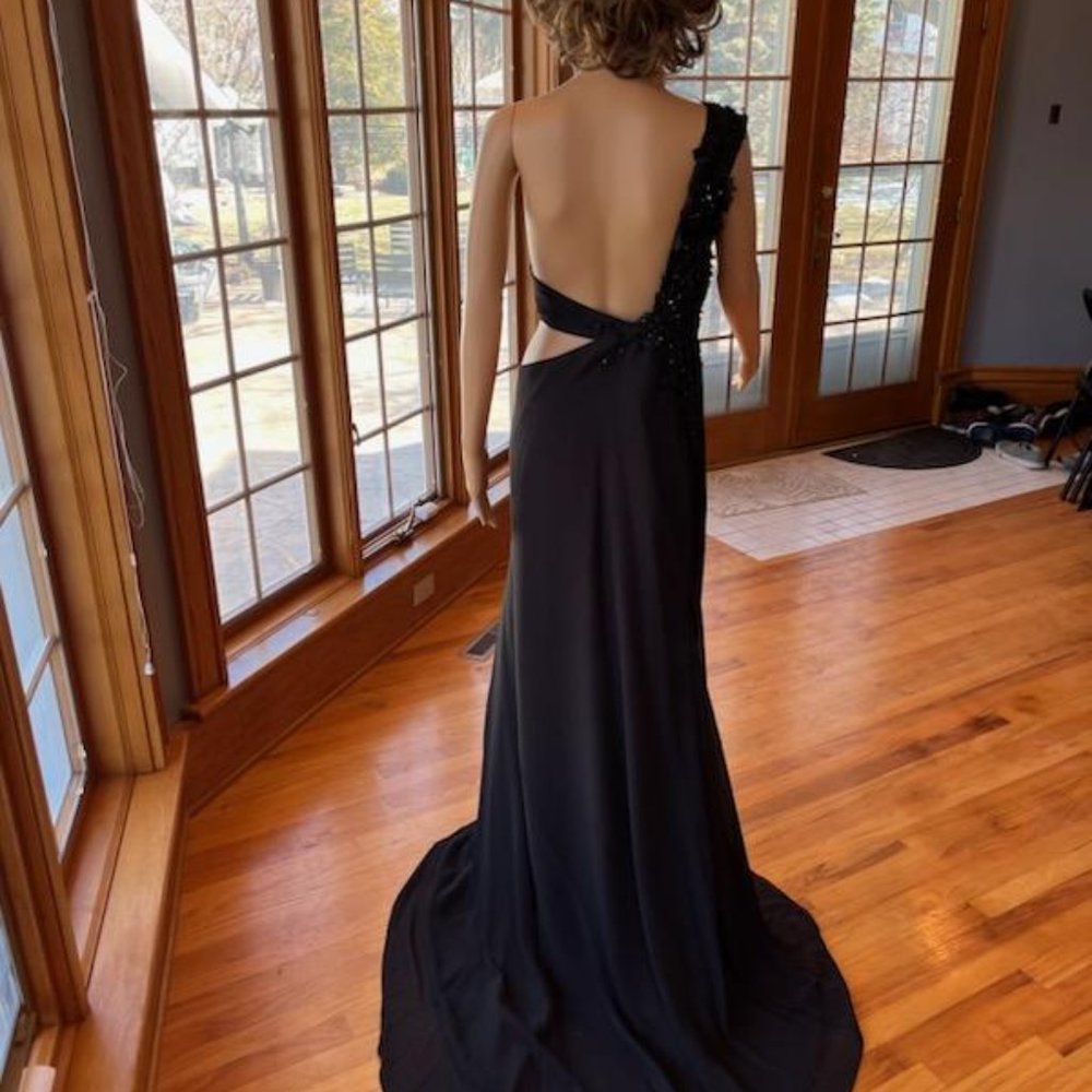 * Black Beaded Lace Chiffon One Shoulder Wedding Dress Bridal Gown Size 12